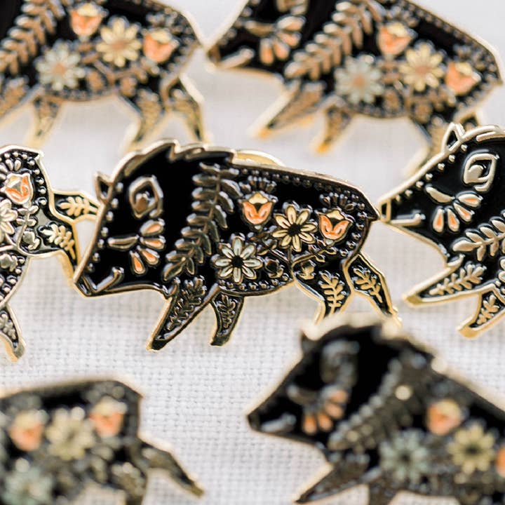 Javelina floral folk style enamel pin.