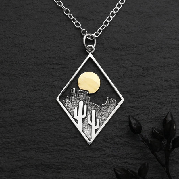 Sterling Silver Saguaro with Bronze Sun Necklace - 18 inches