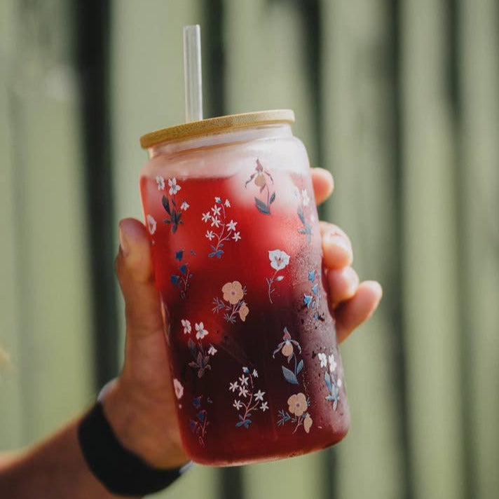 Mountain Wildflowers Glass Can w/ Bamboo Lid and Straw