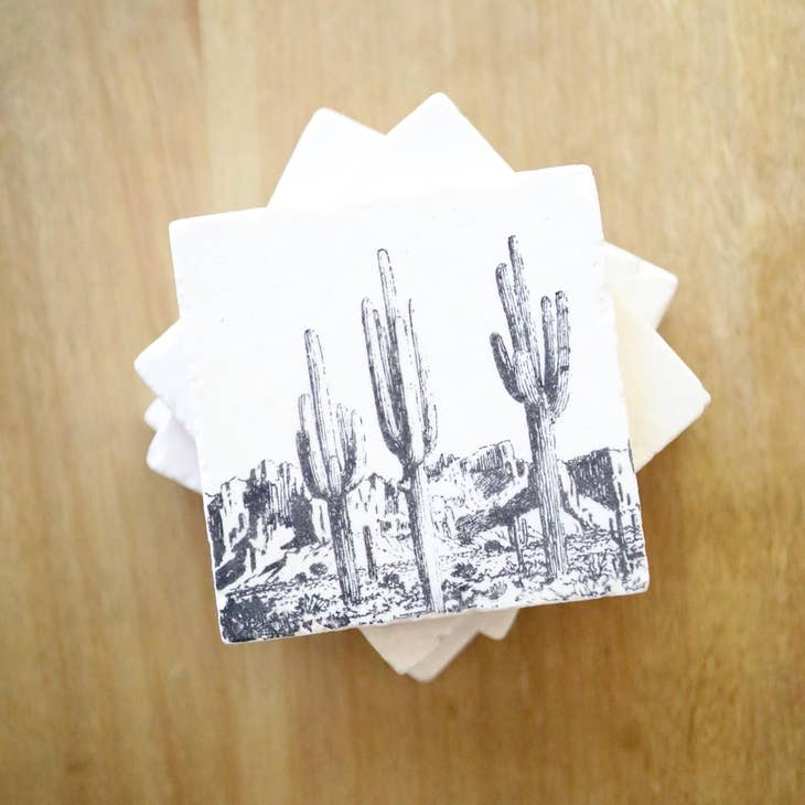 Vintage Saguaro Sketch Marble Coaster