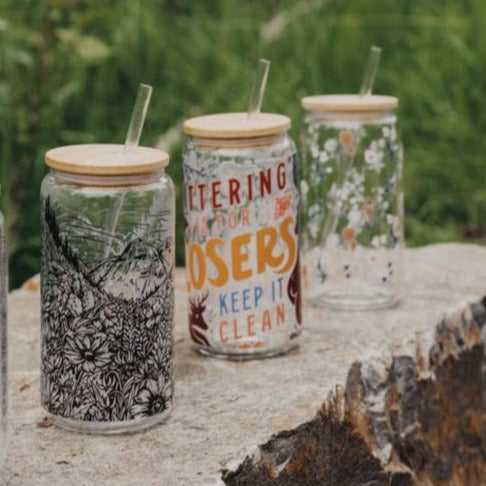 Flower Meadow Glass Can w/ Bamboo Lid and Straw