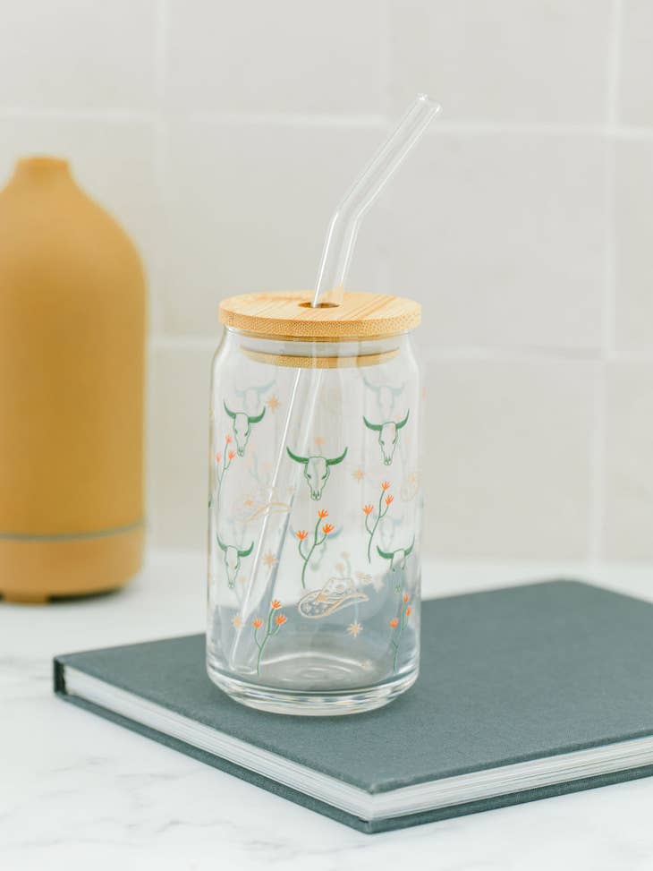 Western Etched Glass Can w/ Straw & Lid