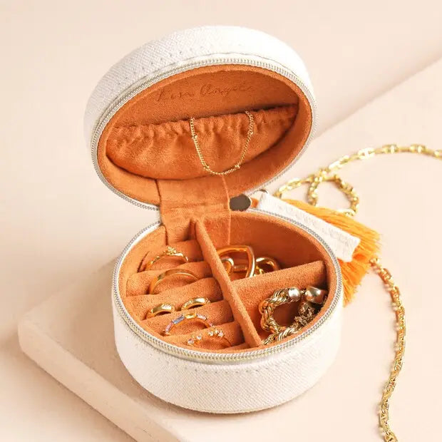 Embroidered Leaves Round Linen Jewelry Case
