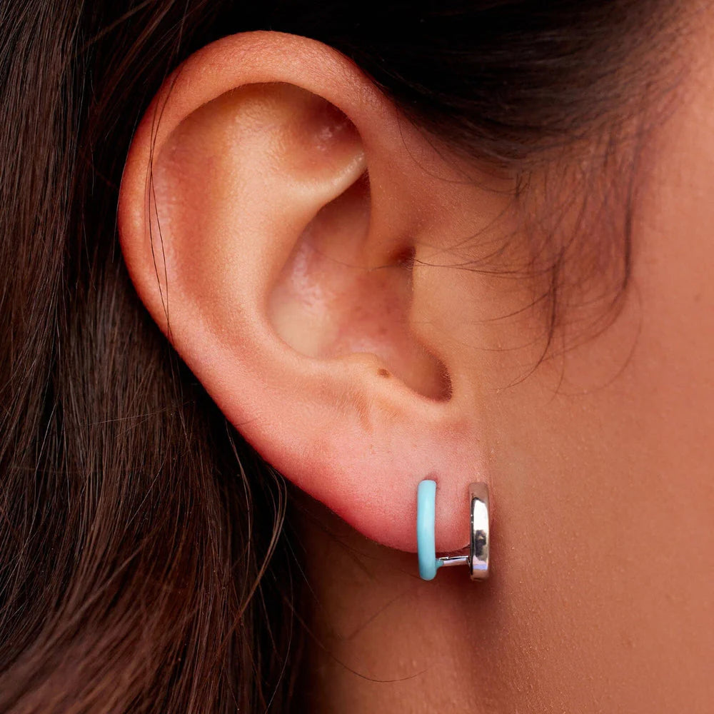 Double Hoop Huggies - Silver/Blue