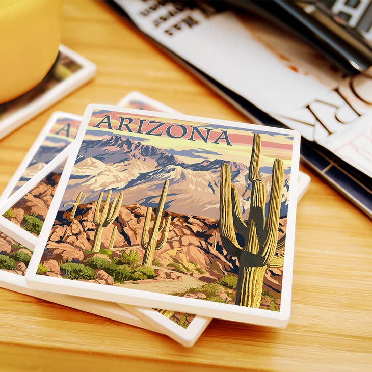 Arizona Desert Cactus Trail Scene at Sunset Ceramic Coaster