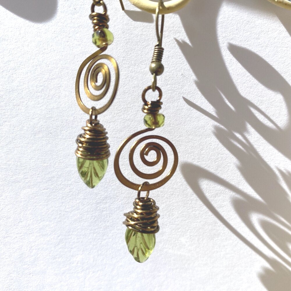 Brass Spiral Olive Leaf Earrings