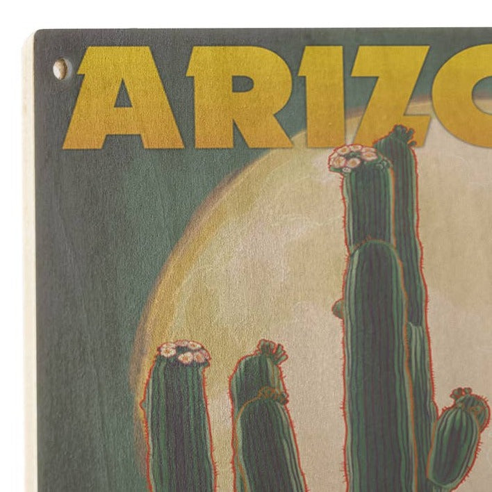 Arizona Cactus & Full Moon 6 x 9 Wood Sign