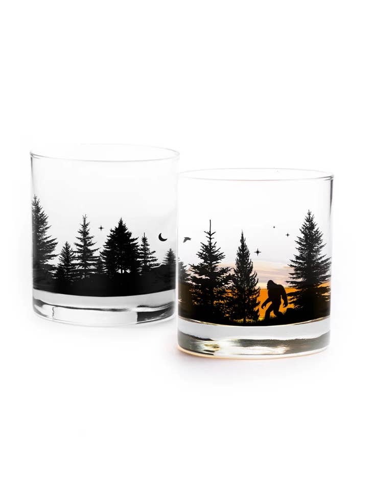 Bigfoot in the Forest Whiskey Glass