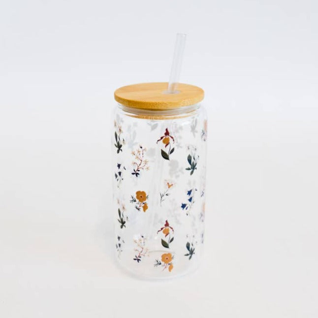 Mountain Wildflowers Glass Can w/ Bamboo Lid and Straw