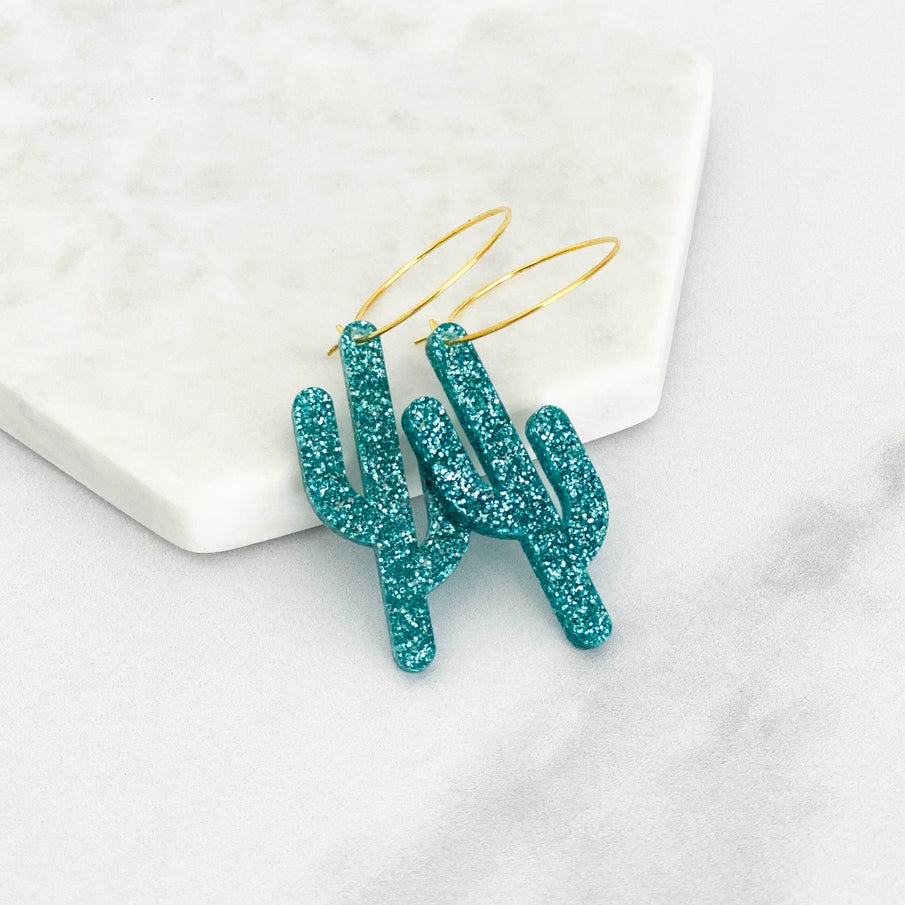 Elongated Acrylic Cactus Hoop Earrings