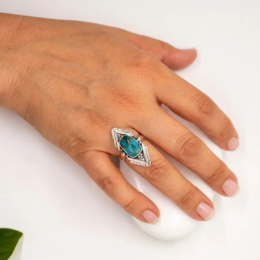 Copper Turquoise Silver Point Ring