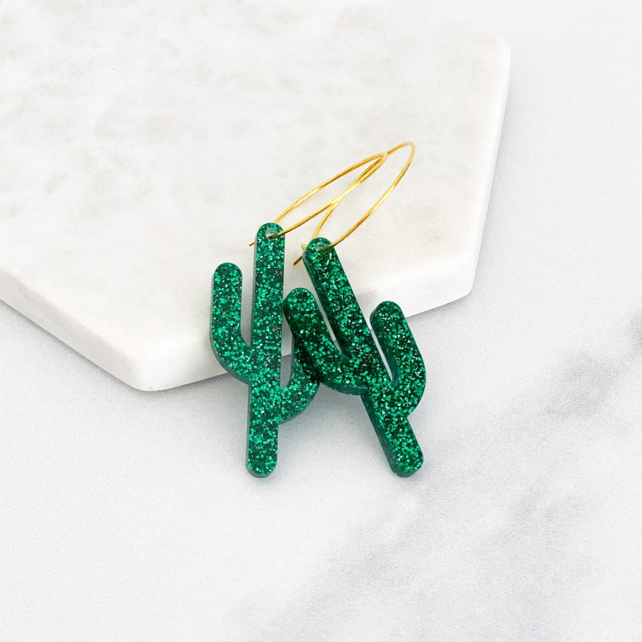 Elongated Acrylic Cactus Hoop Earrings