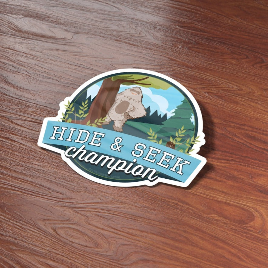 Hide and Seek Champion Bigfoot Sticker - Funny Sasquatch Decals