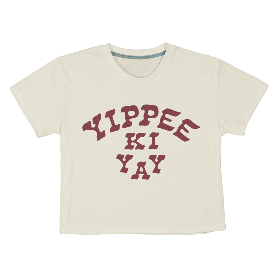 Beige t-shirt with red text 'KIPPEE KI YAY' on a white background