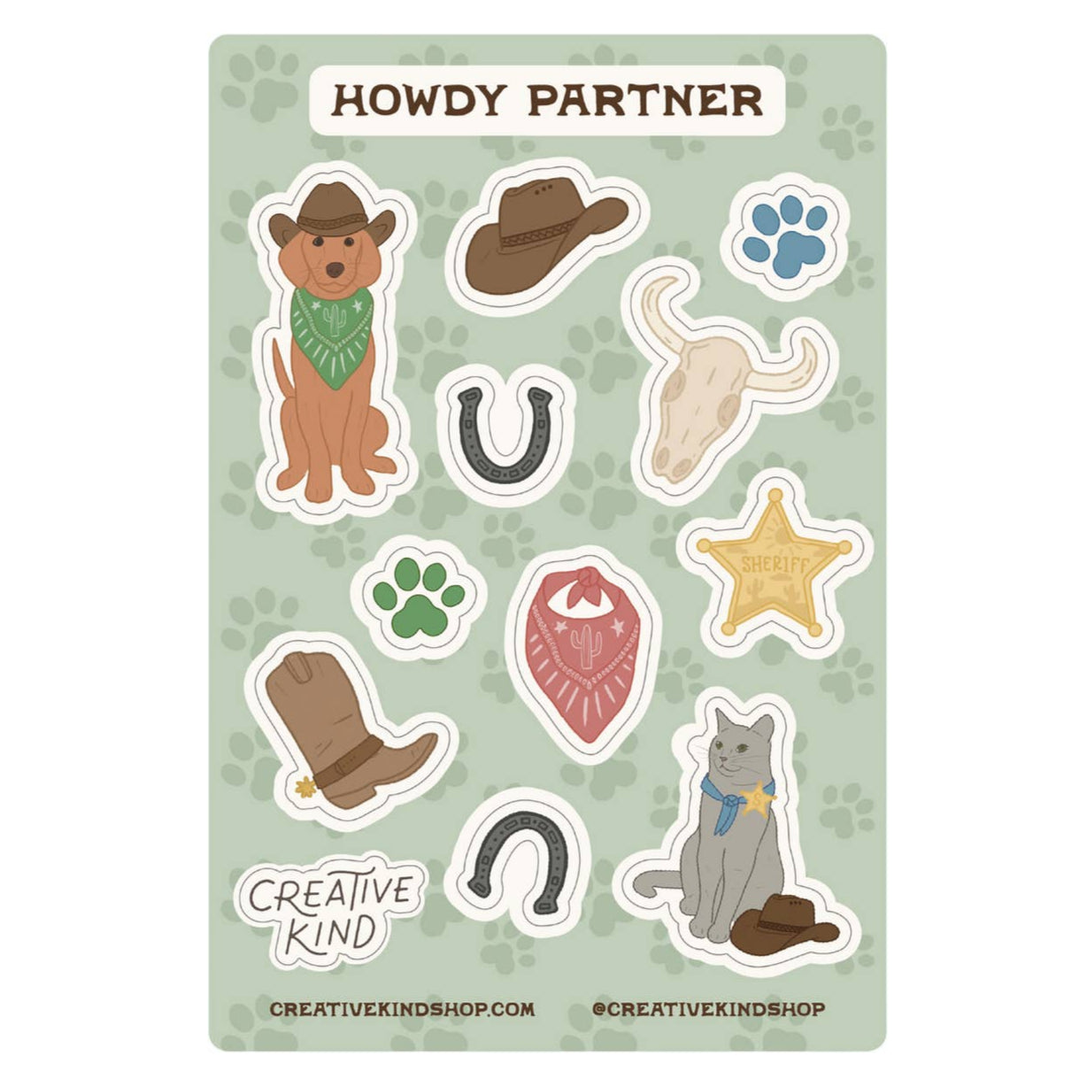 Sticker sheet with cowboy-themed stickers on a light green background