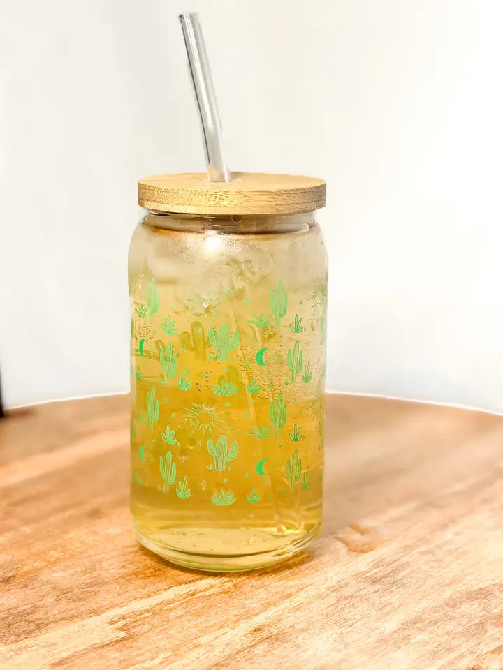 Cactus Etched Glass Can w/ Straw & Lid