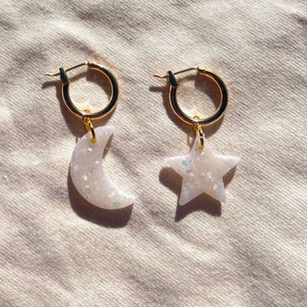 Opal Moon & Star Charm Earrings