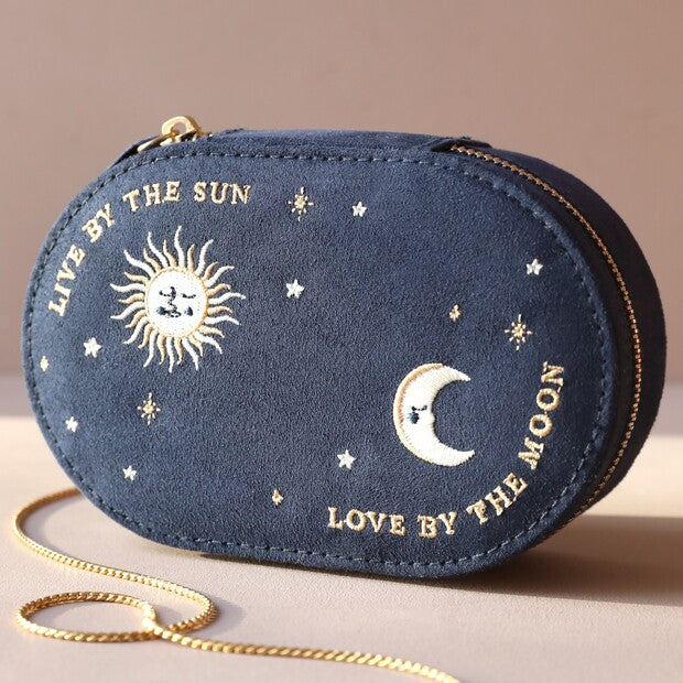 Sun and Moon Embroidered Velvet Oval Jewelry Case