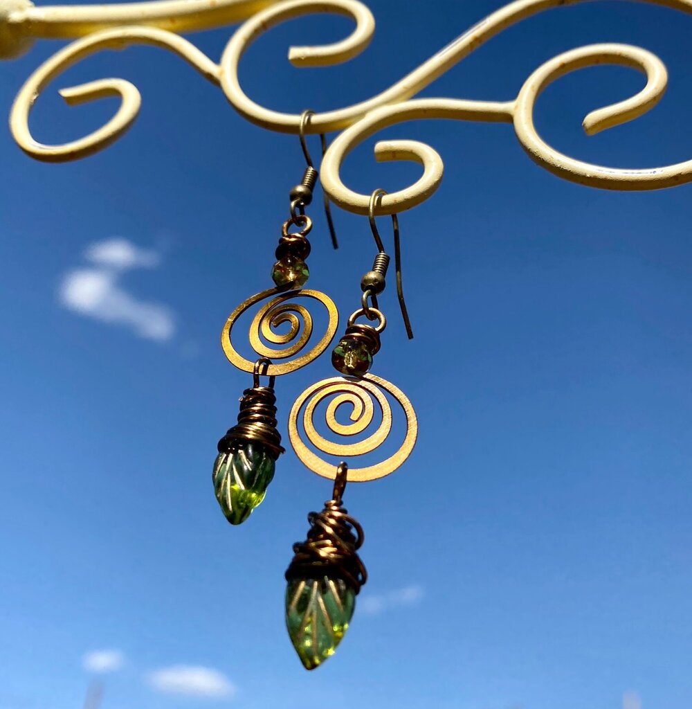 Brass Spiral Olive Leaf Earrings