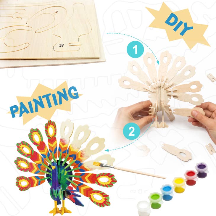 3D Wooden Peacock Puzzle Paint Kit