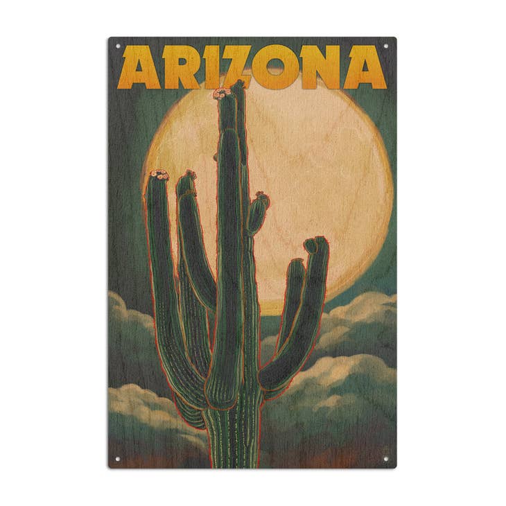Arizona Cactus & Full Moon 6 x 9 Wood Sign