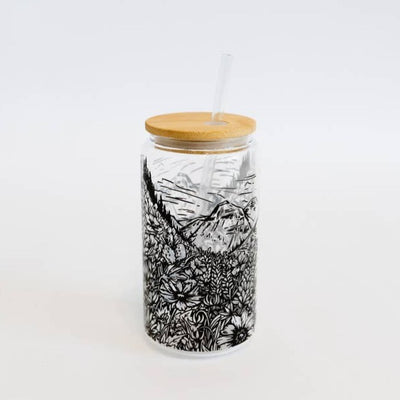 Flower Meadow Glass Can w/ Bamboo Lid and Straw