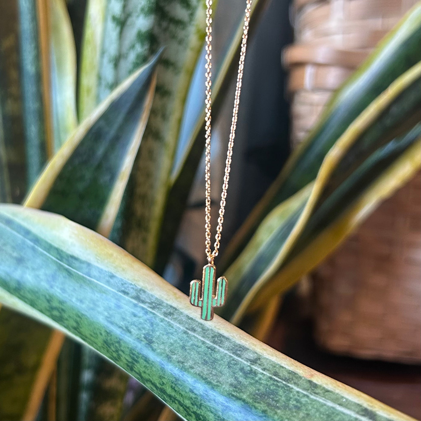 Dainty Striped Cactus Pendant Necklace