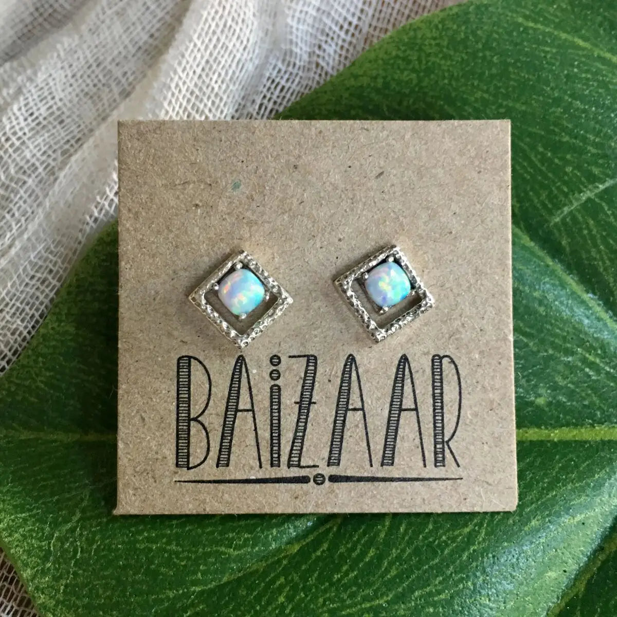 Silver Geometric and Opal Stud Earrings