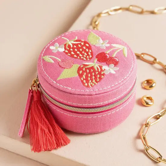 Strawberry Embroidered Travel Jewelry Case