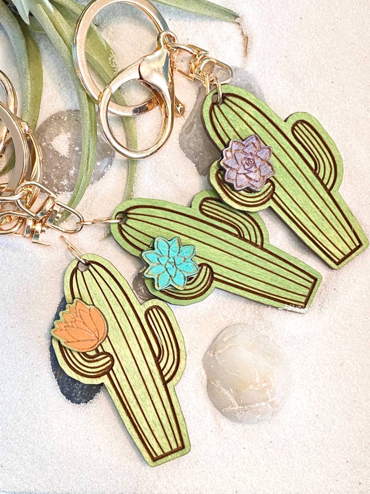 Wood Flower Cactus Keychain