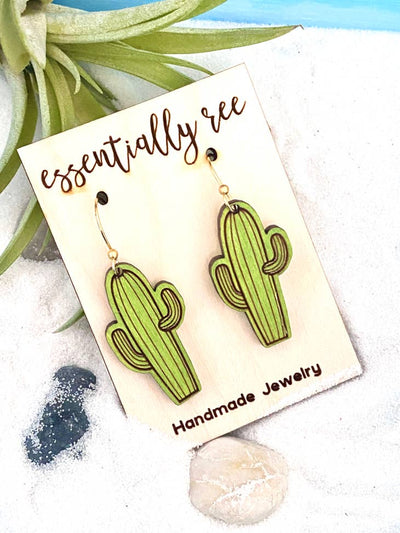 Wood Cactus Drop Earrings