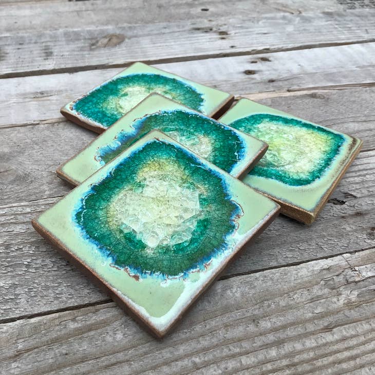 Stoneware & Glass Coaster - Textured Turquoise