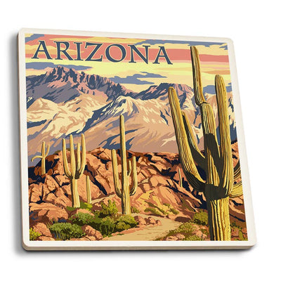 Arizona Desert Cactus Trail Scene at Sunset Ceramic Coaster