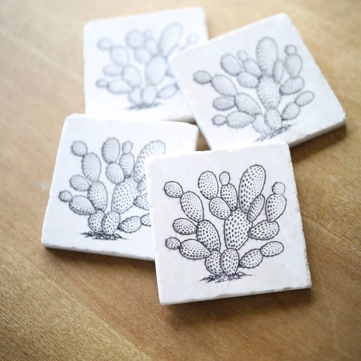 Prickly Pear Black and White Marble Coaster