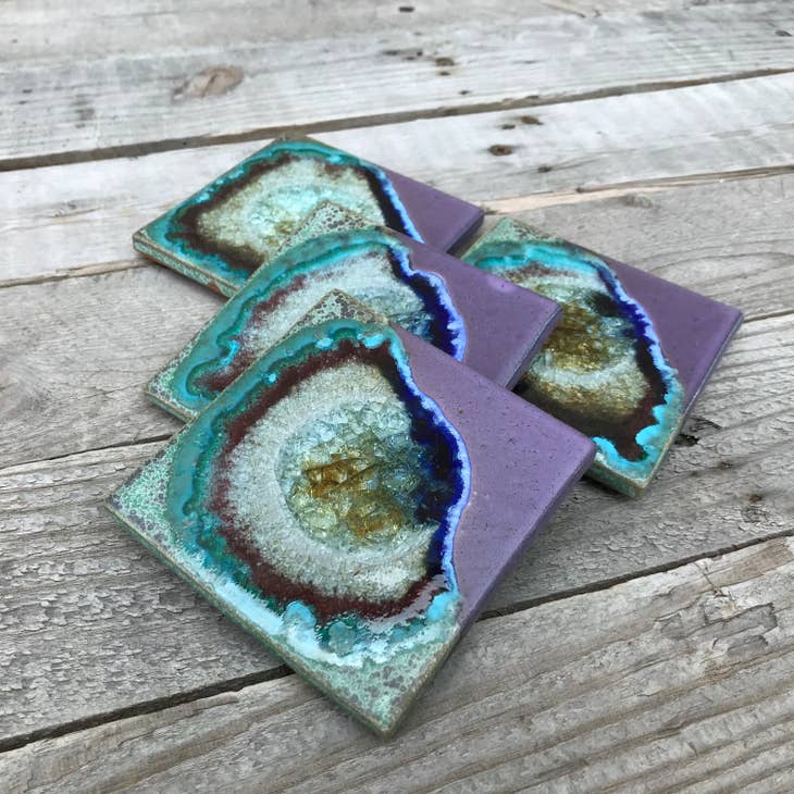 Stoneware & Glass Coaster - Purple & Green